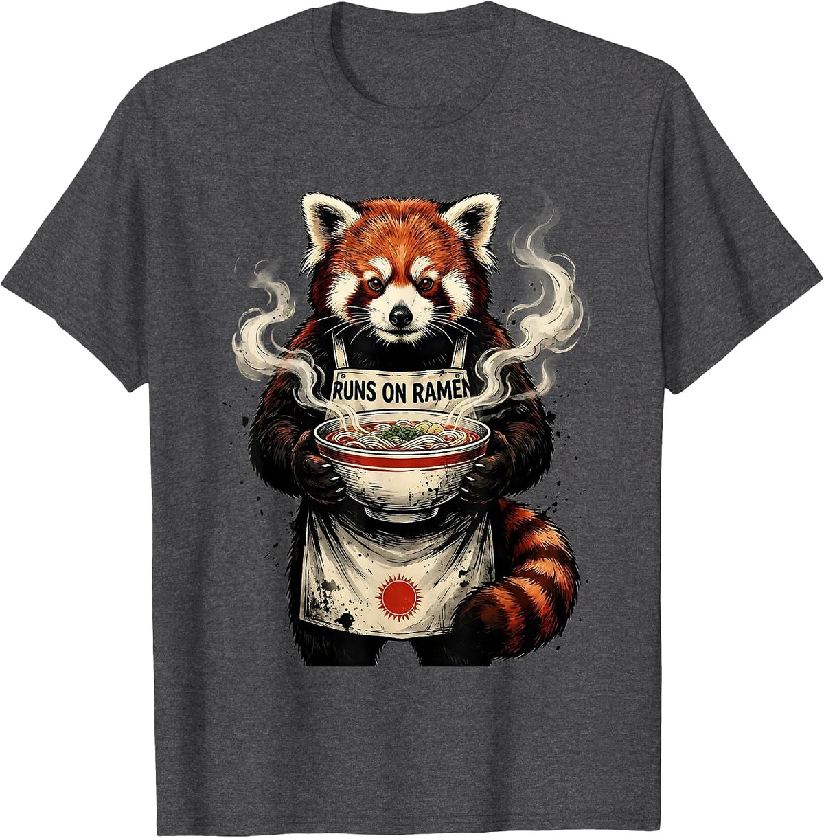 Men's Runs on Ramen Ink-Wash Red Panda Anime Animal Novelty Humor T-Shirt - Dark Heather Grey
