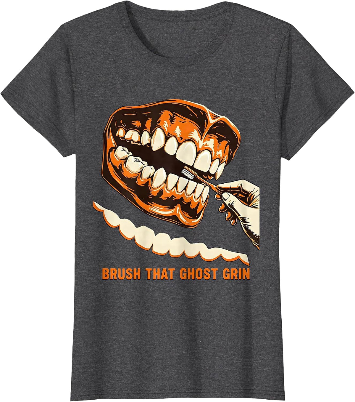Women's Brush That Ghost Grin Wood Type Dental Hygienist Halloween T-Shirt - Dark Heather Grey