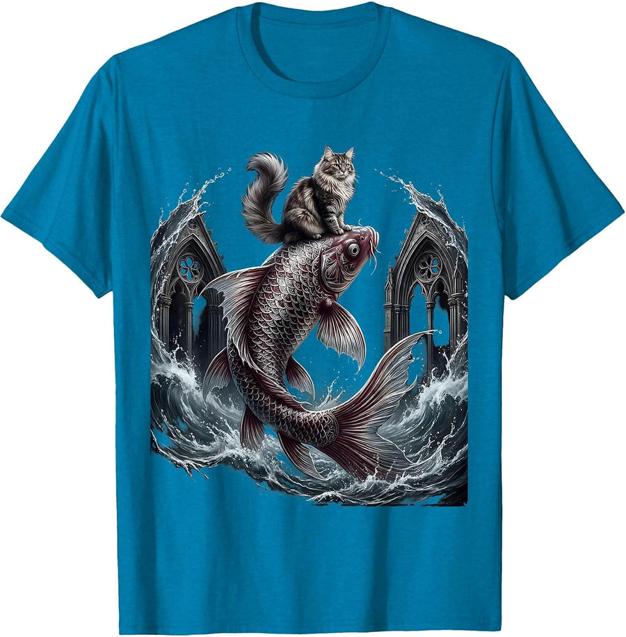 Cat Riding Giant Koi Fish Graphic Tee T-Shirt - Sapphire Blue