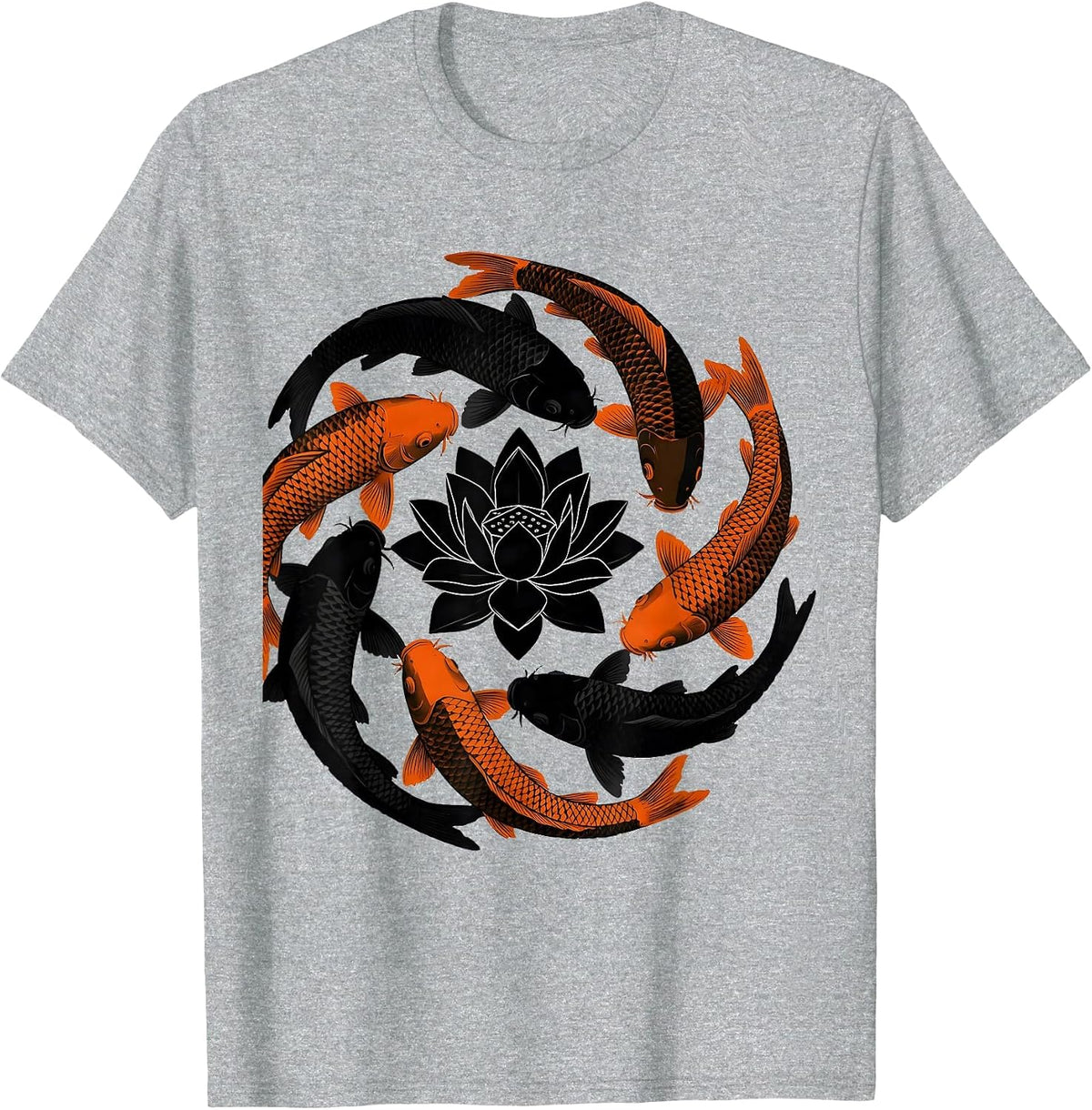 Men's Six Koi Fish Circling Lotus Blossom Art Design T-Shirt - Heather Grey