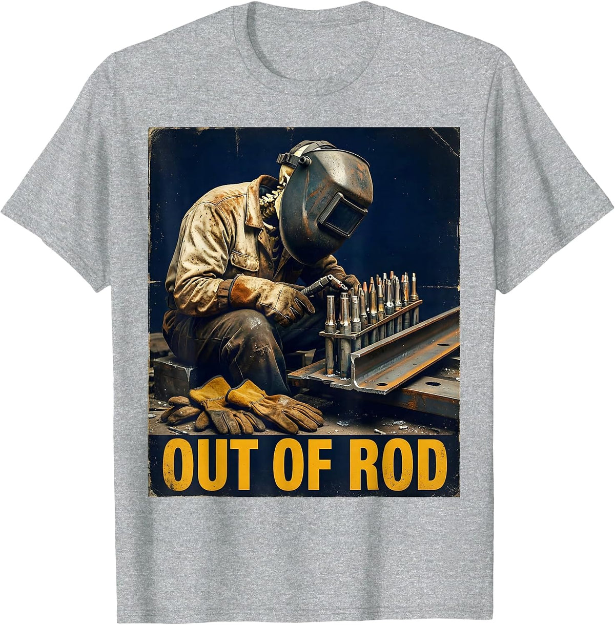 Men's Out Of Rod Vintage Welder Skeleton Tradesman Humor T-Shirt - Heather Grey