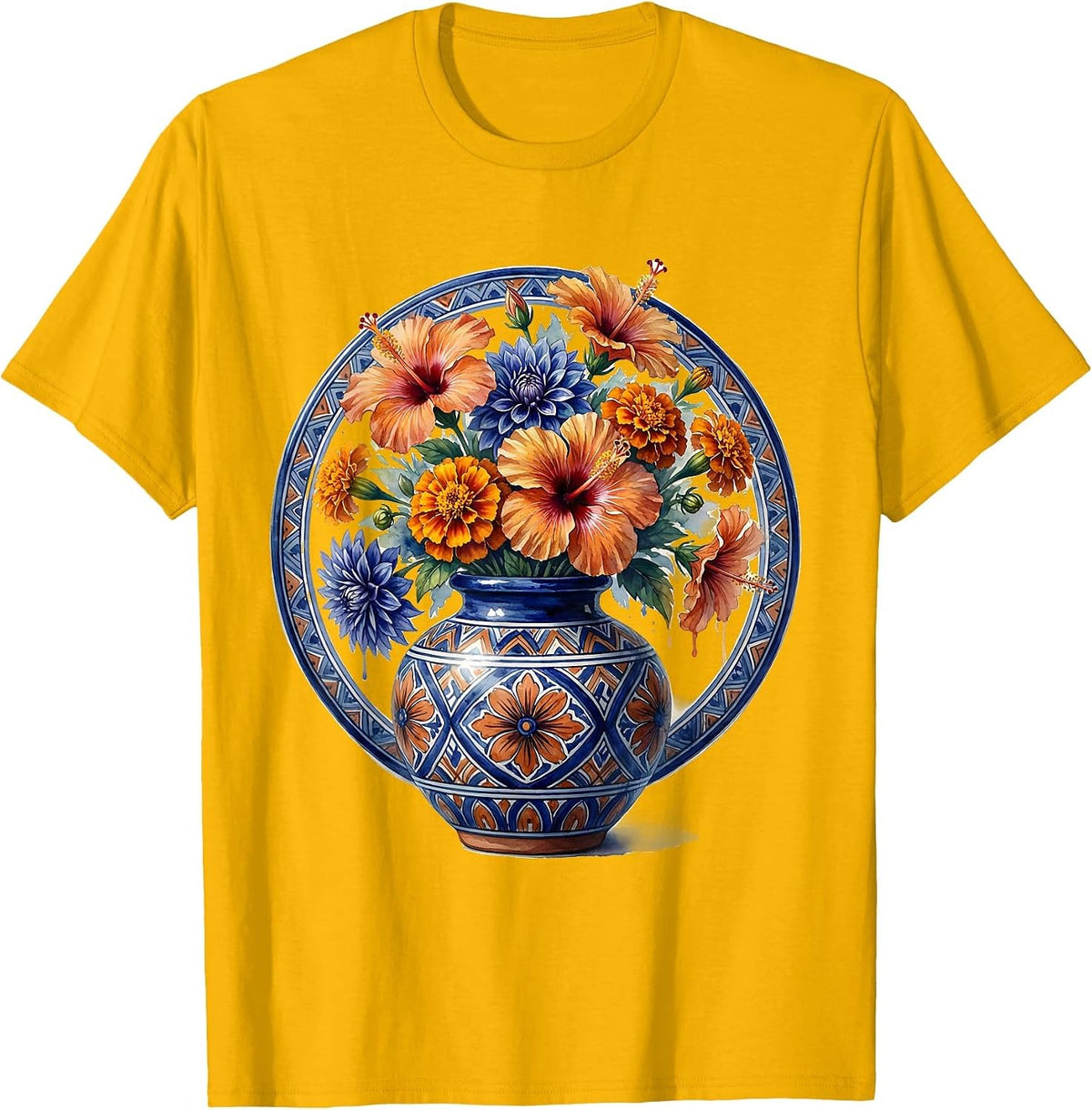 Ornate Talavera Vase with Flowers Mexican Art T-Shirt - Golden Yellow