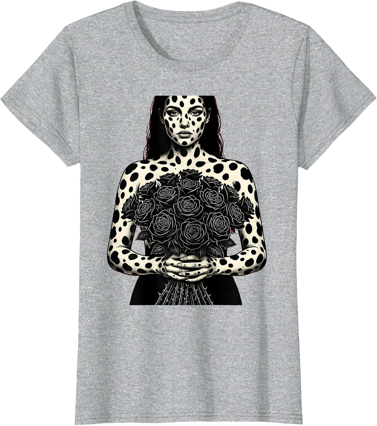 Dalmatian Woman Black Rose Bouquet Art T-Shirt - Heather Grey