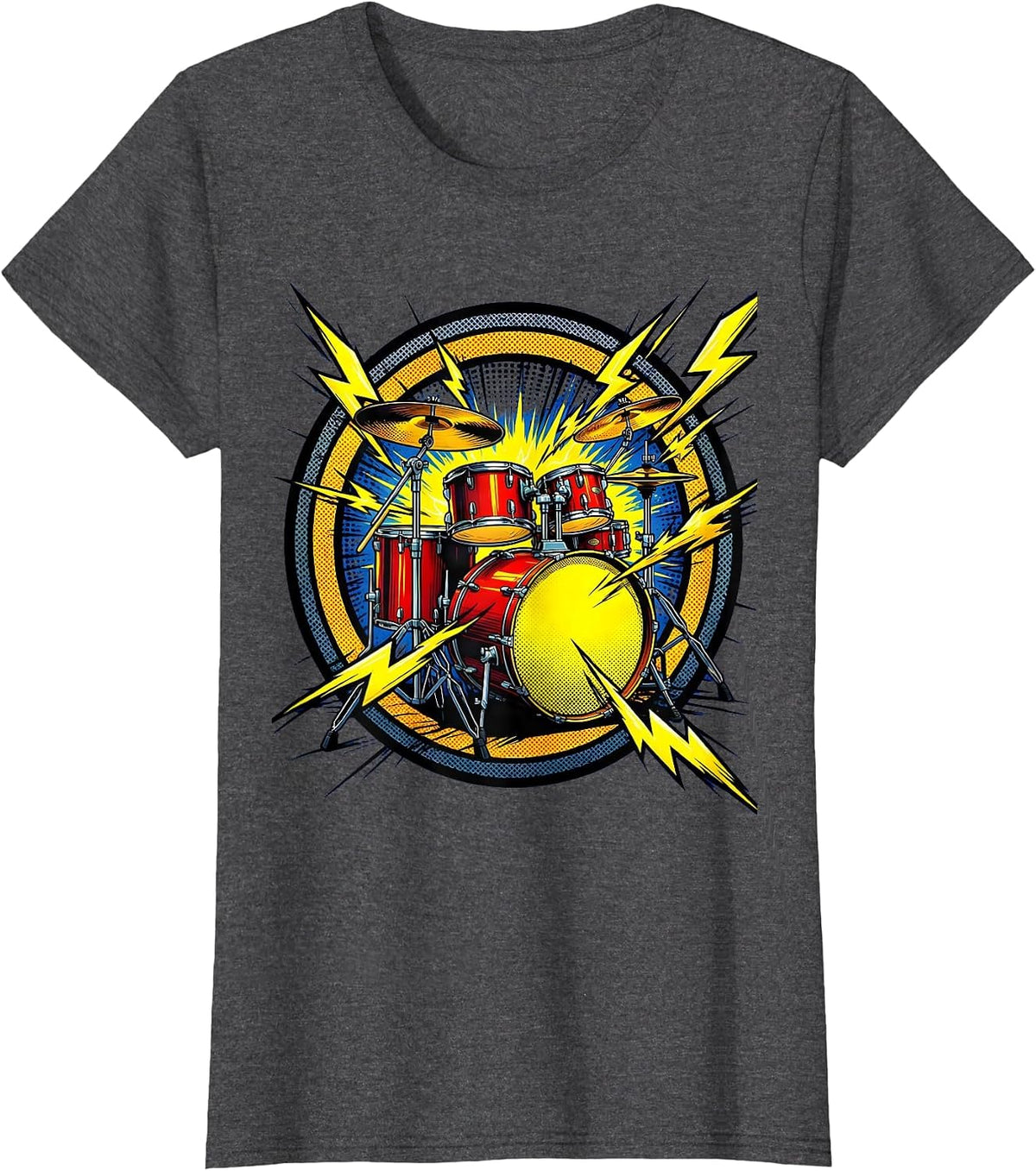 Women's 90s Band Drum Kit Lightning Bolt Illustration T-Shirt - Dark Heather Grey