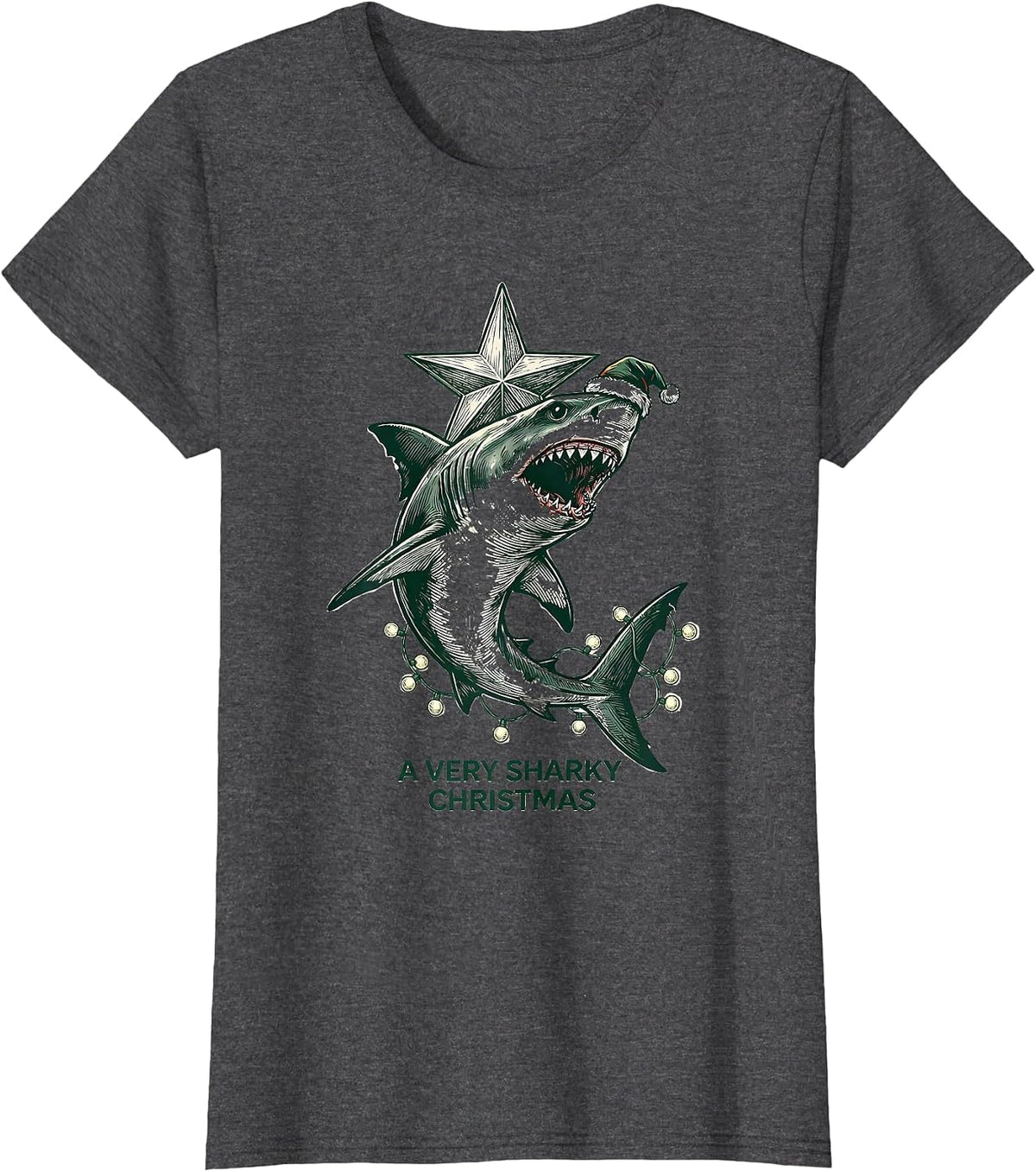 Women's A Very Sharky Christmas Funny Shark Santa Hat Holiday Lights T-Shirt - Dark Heather Grey