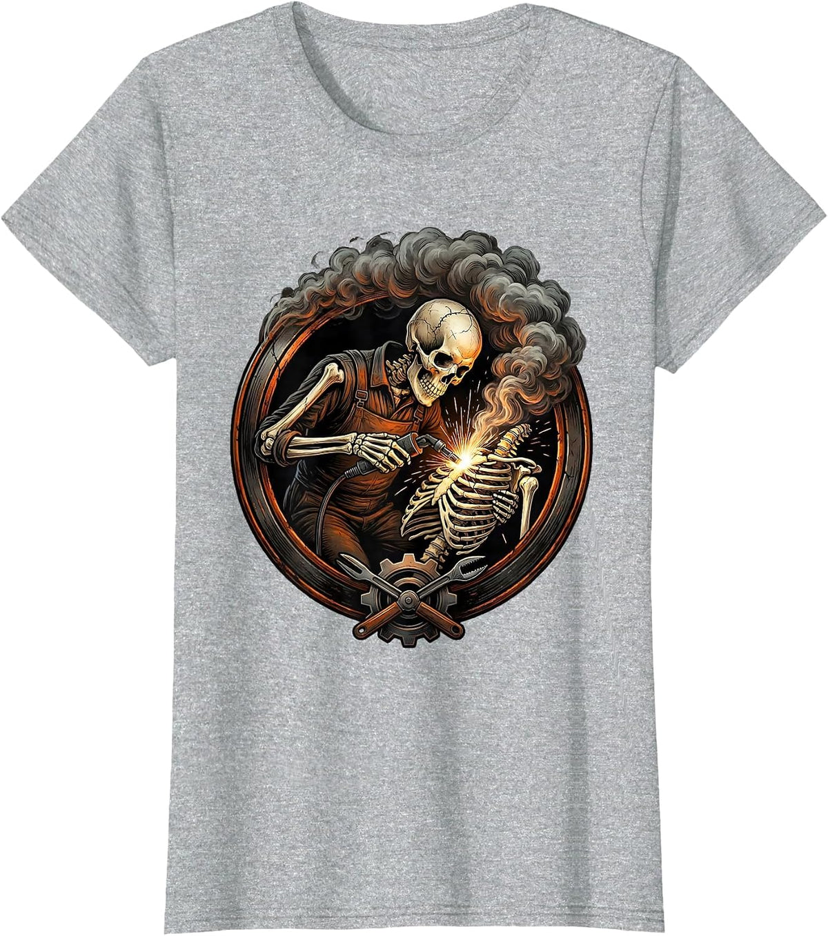 Skeleton Welder Fixing Ribcage Welding Graphic T-Shirt - Heather Grey