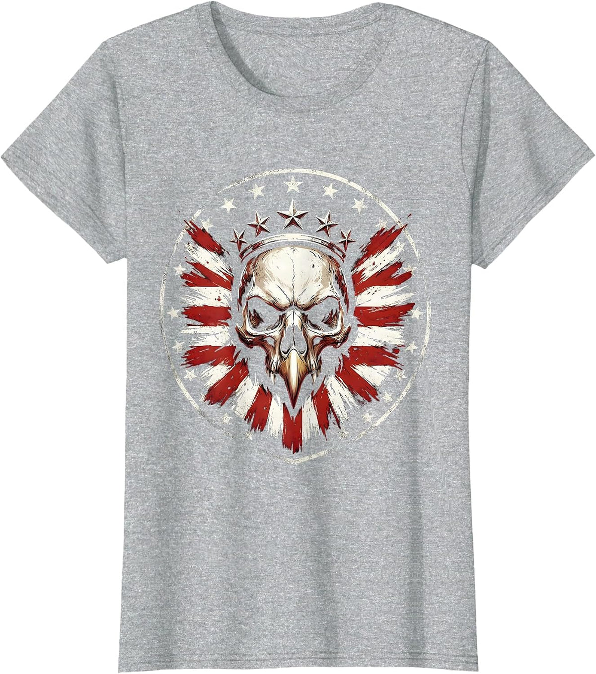 Women's Patriotic Bald Eagle Skull Star Crown Design T-Shirt - Heather Grey