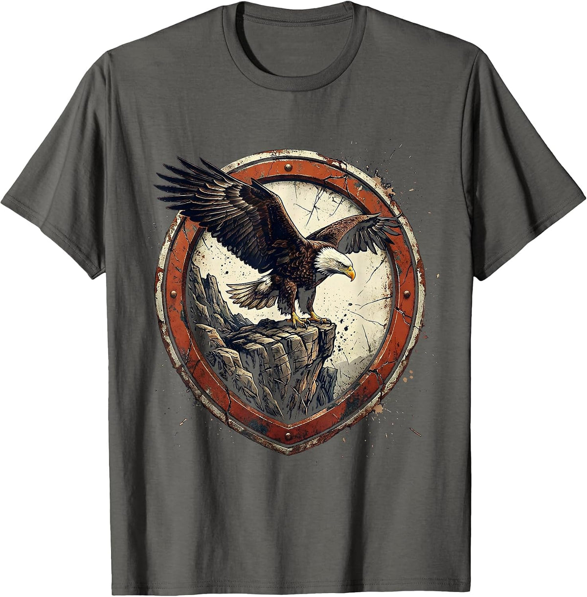 Bald Eagle Perched on Cliff Patriotic Design T-Shirt - Asphalt Grey
