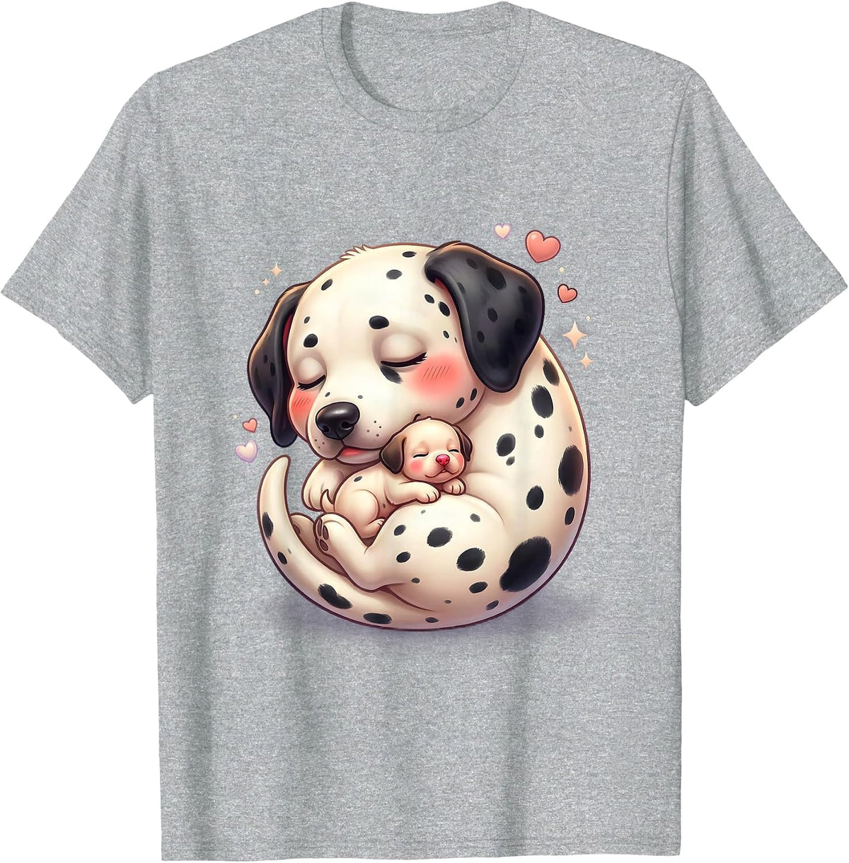 Men's Dalmatian Mom Curled Around Sleeping Newborn Puppy T-Shirt - Heather Grey