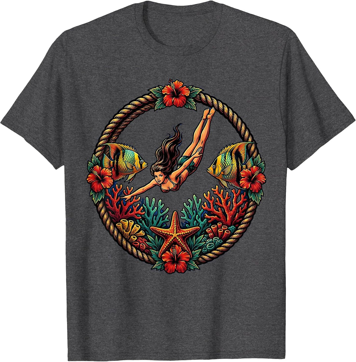 Men's Hawaiian Girl Diving Coral Reef Graphic Design T-Shirt - Dark Heather Grey