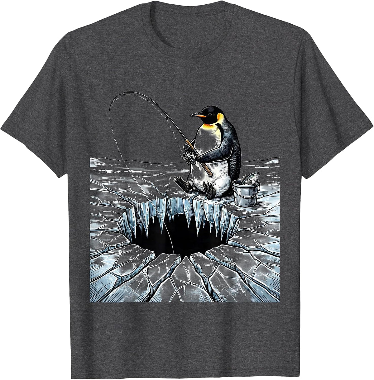 Penguin Ice Fishing Illustration Graphic T-Shirt - Dark Heather Grey