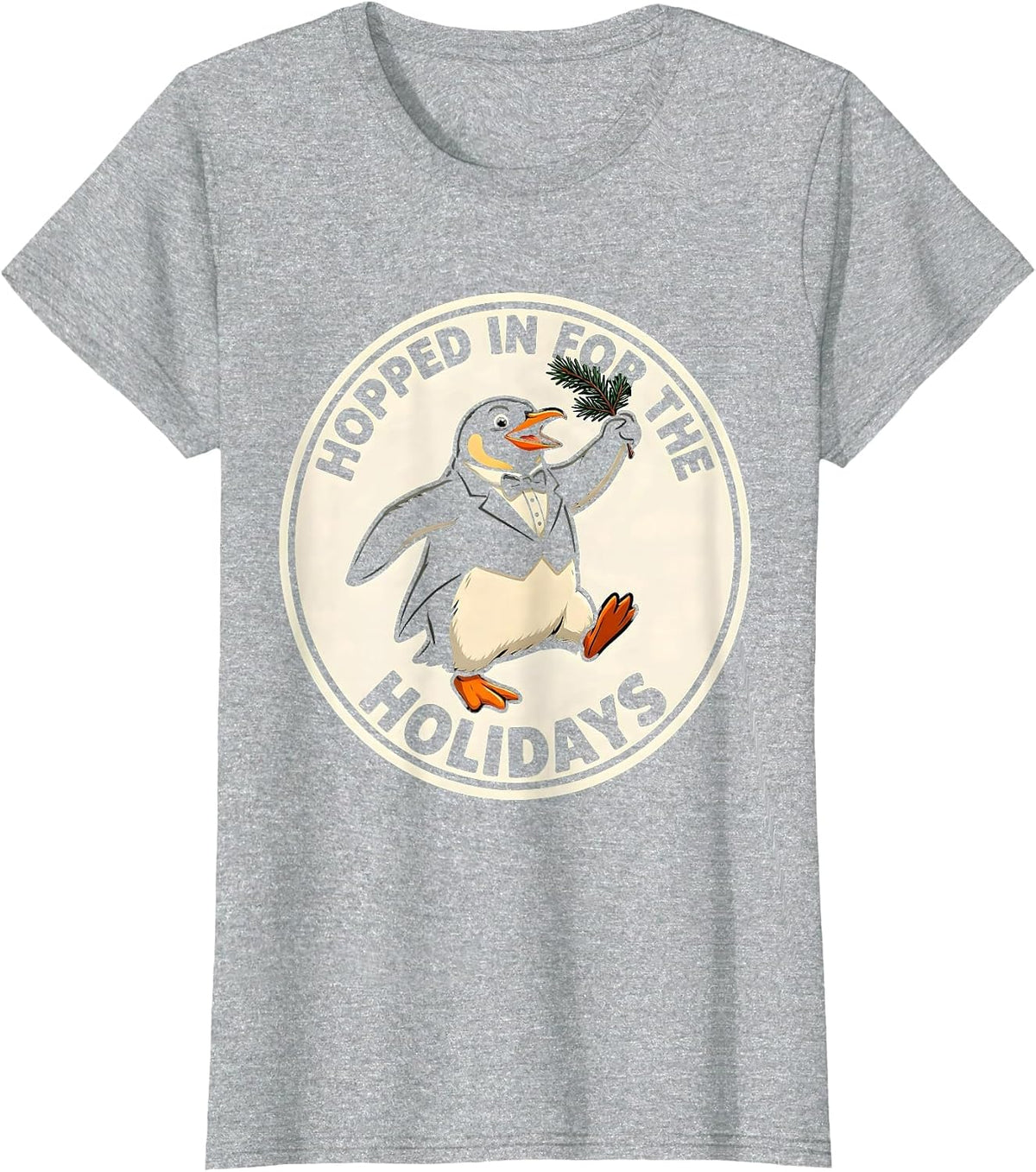 Women's Hopped In For The Holidays Funny Penguin Lover Christmas T-Shirt - Heather Grey