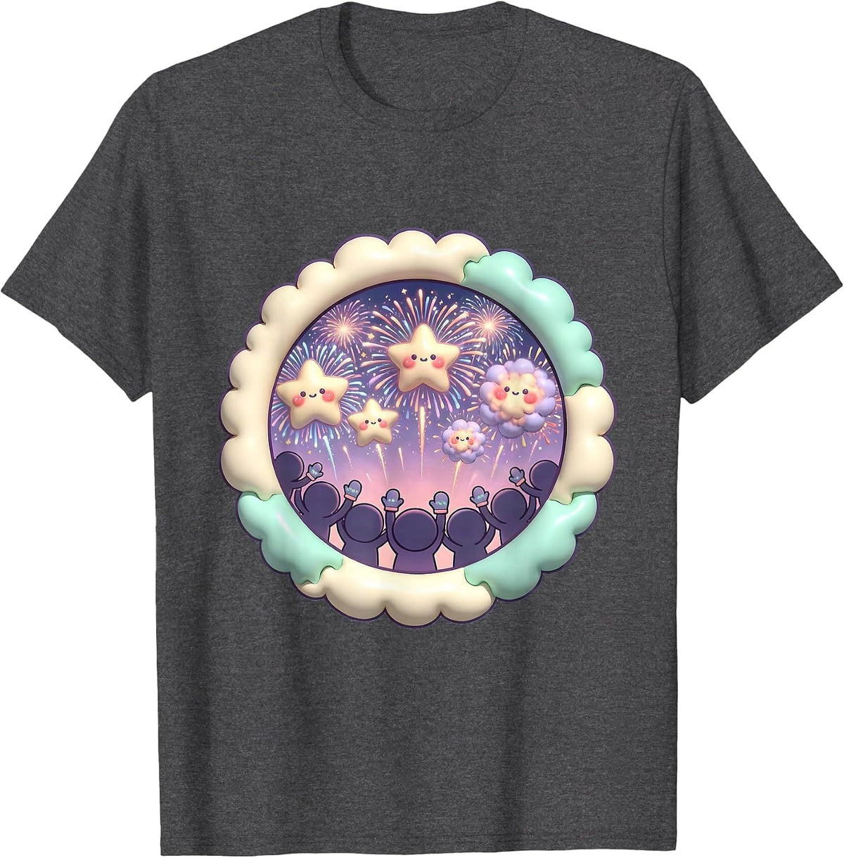 Crowd Silhouette Fireworks Cheer Celebration T-Shirt - Dark Heather Grey