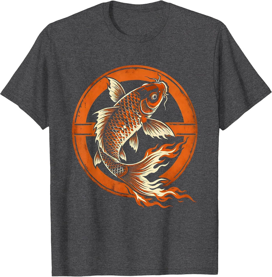 Men's Flame Koi Fish Leaping Upward Graphic Design T-Shirt - Dark Heather Grey