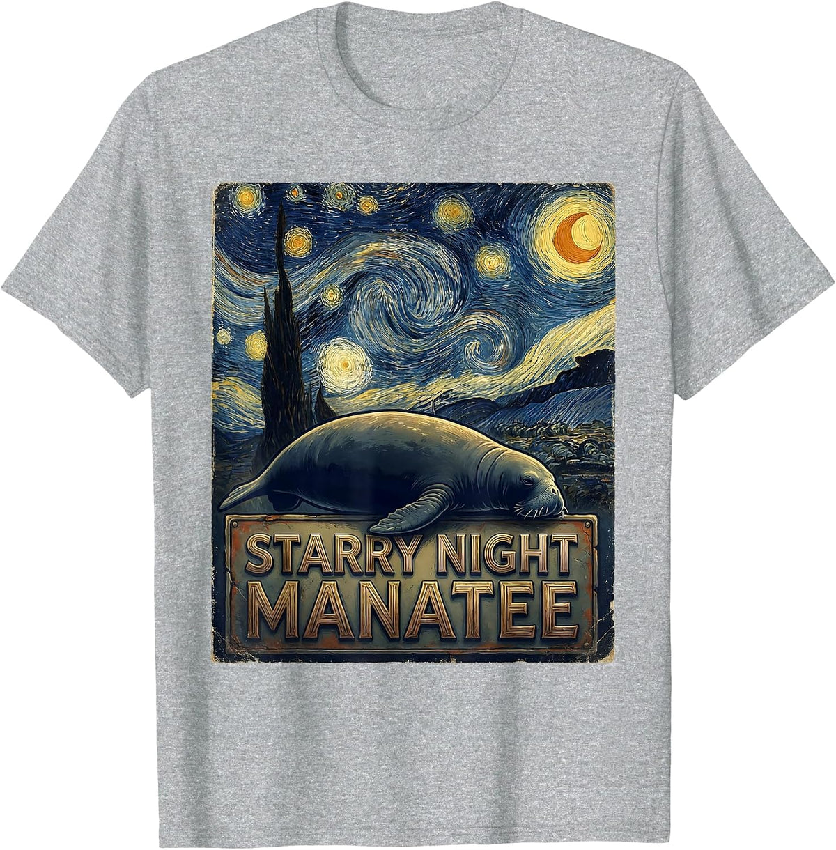 Men's Starry Night Manatee Vintage Art Animal Lover Gift T-Shirt - Heather Grey