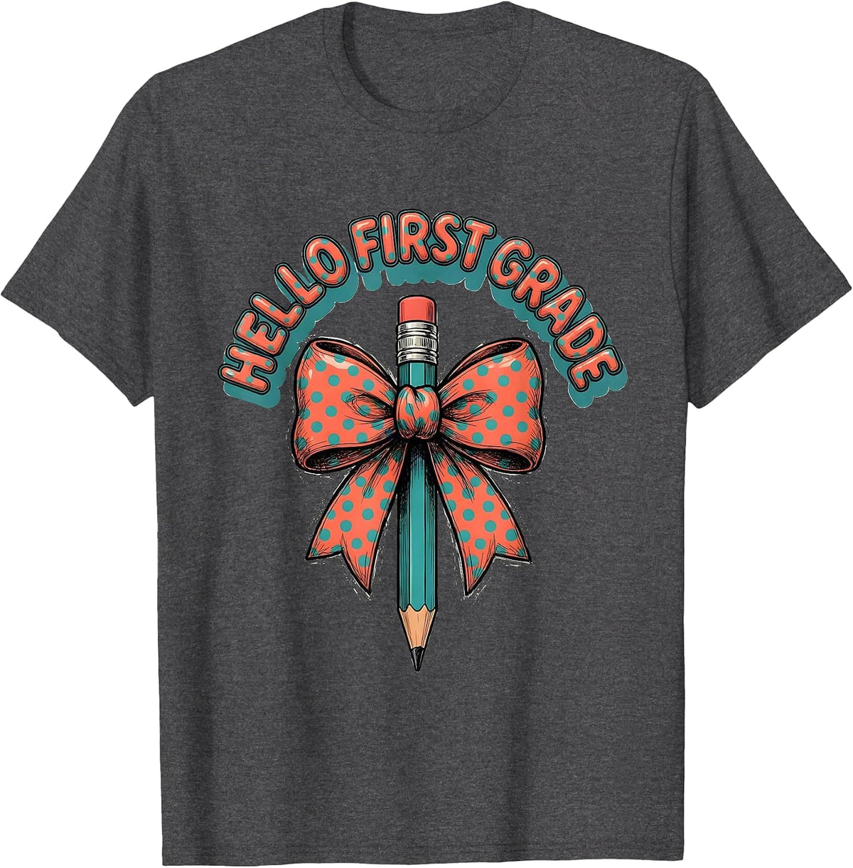 Men's Hello First Grade Cute Back to School Pencil Bow Gift T-Shirt - Dark Heather Grey