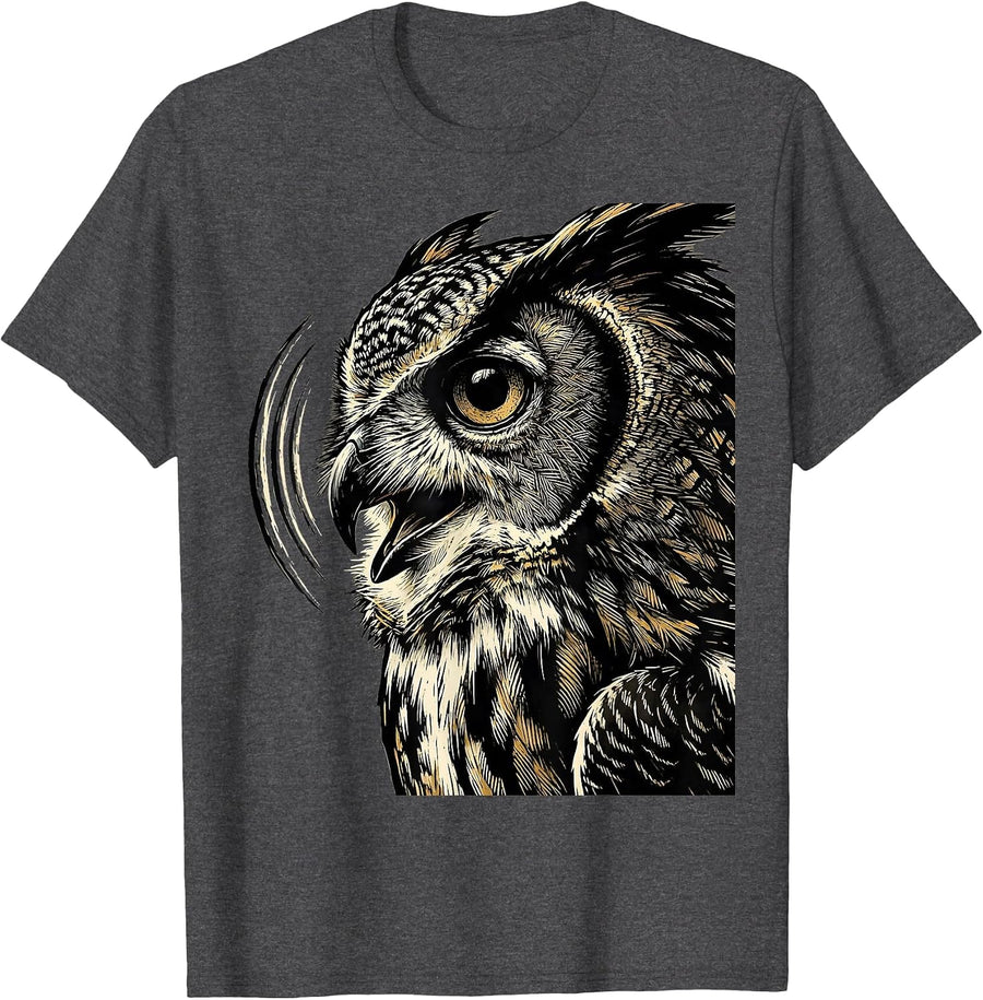 Men's Owl Head Linocut Funny Bird Lover Gift T-Shirt - Dark Heather Grey