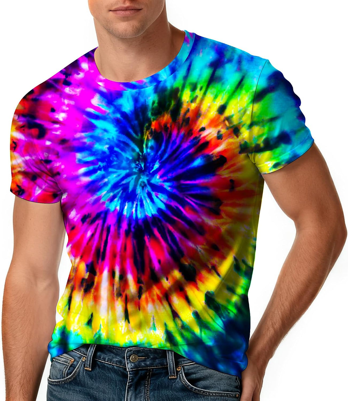 Tie Dye Shirt Mens Unisex Crewneck Short Sleeve Tshirt - Retro Rainbow