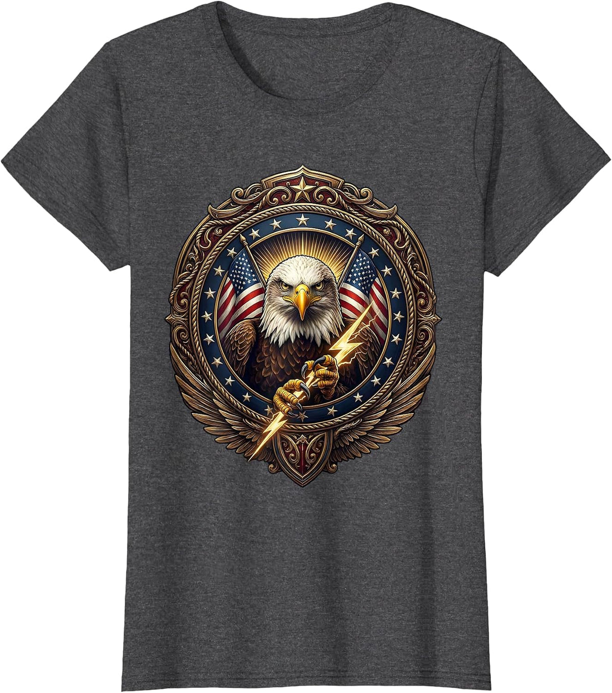 Women's Bald Eagle Lightning Bolt American Power Design T-Shirt - Dark Heather Grey