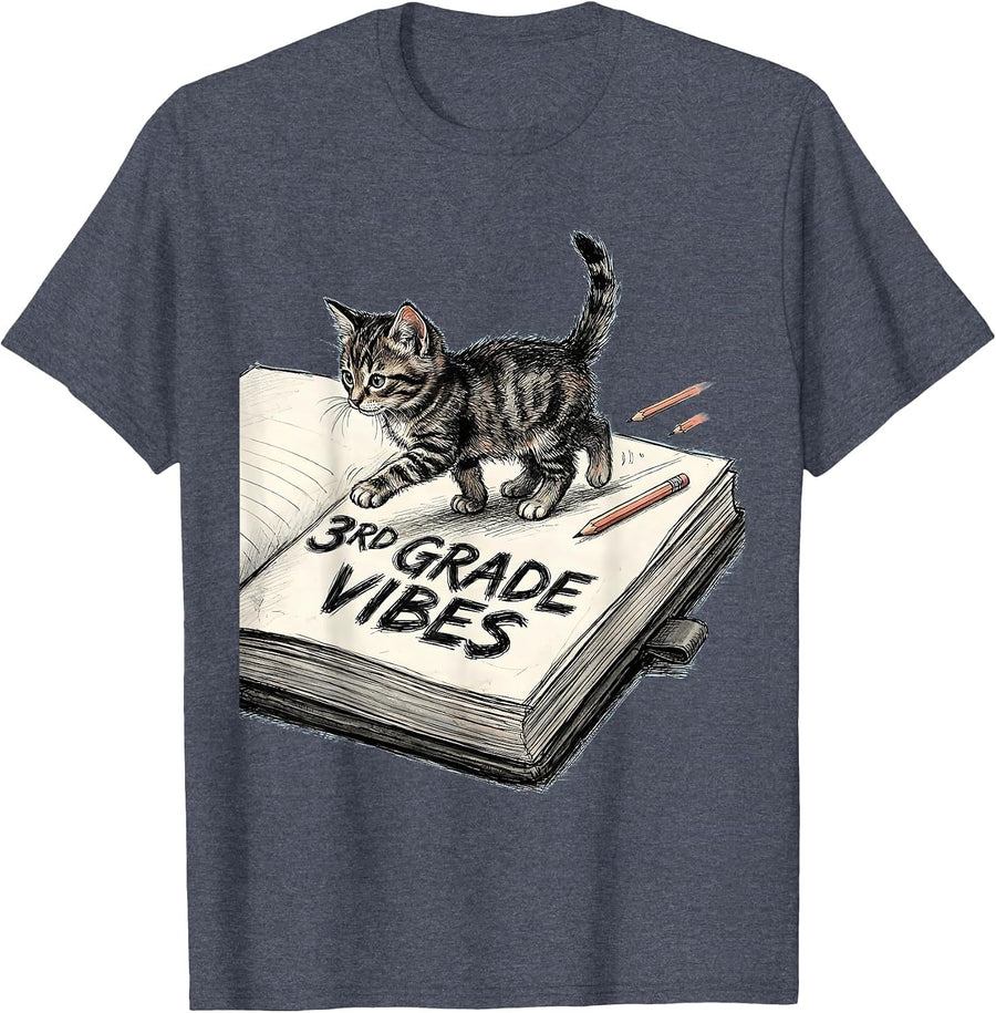 3rd Grade Vibes Cute Kitten Lover Back To School Girls T-Shirt - Heather Blue
