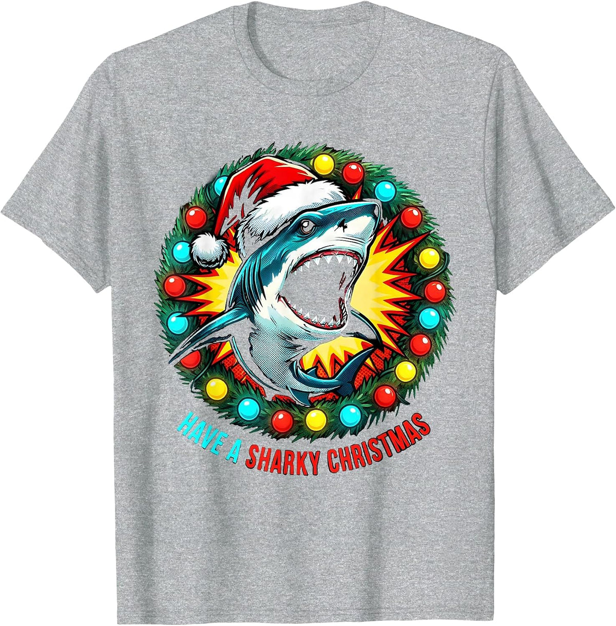 Men's Have a Sharky Christmas Funny Pop Art Shark Santa Hat T-Shirt - Heather Grey
