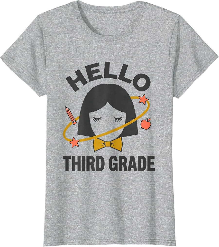 Hello Third Grade Midcentury Modern Messy Bun Back To School T-Shirt - Heather Grey