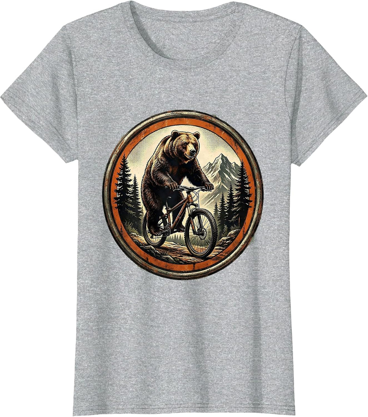 Bear on Mountain Bike Forest Trail Graphic T-Shirt - Heather Grey