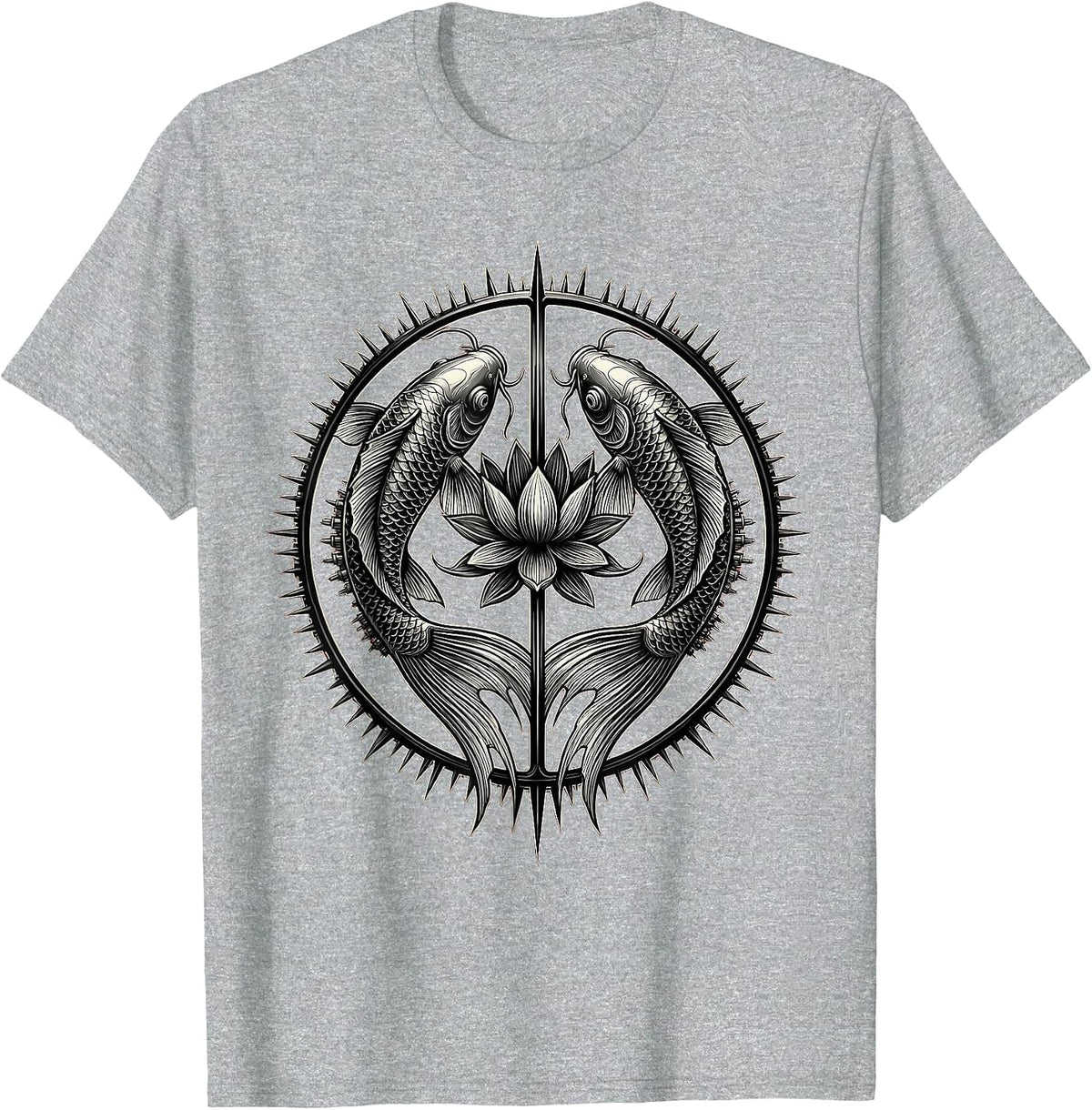 Men's Koi Fish Leaping Through Lotus Flowers Tattoo Art T-Shirt - Heather Grey