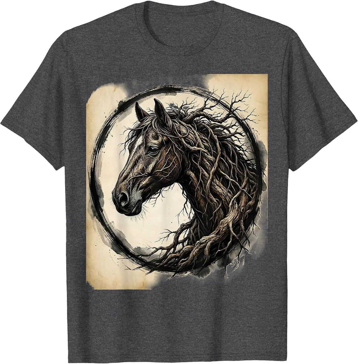 Men's Horse Profile Made of Tangled Tree Roots Art T-Shirt - Dark Heather Grey