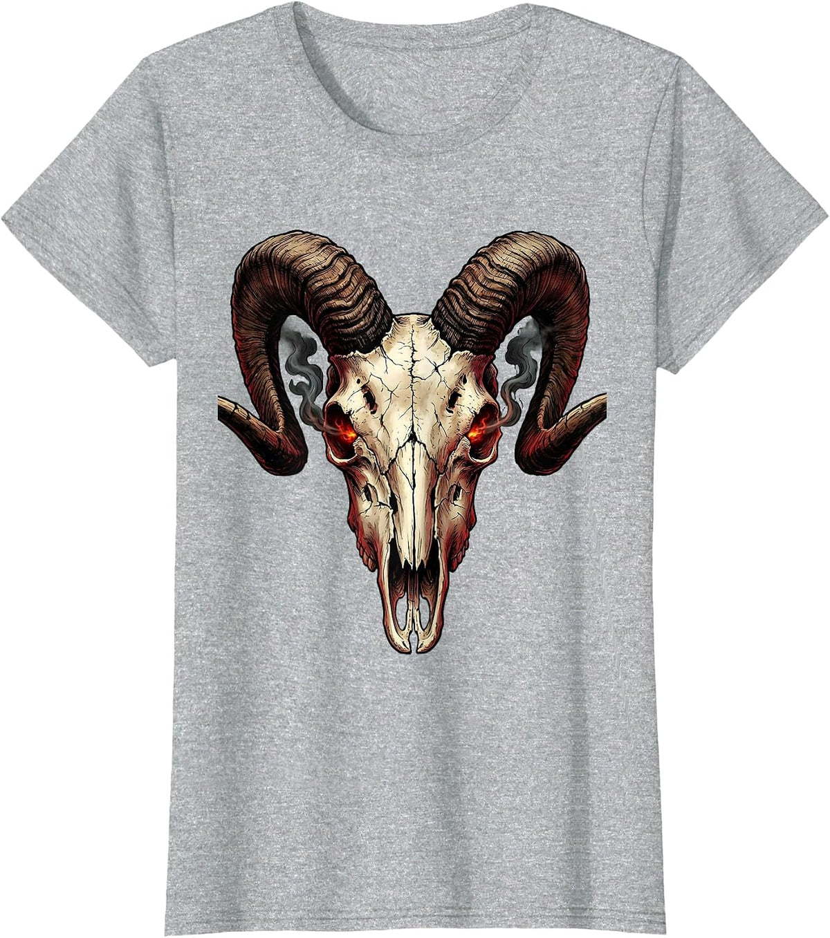 Demonic Goat Skull Glowing Eyes Heavy Metal Art T-Shirt - Heather Grey