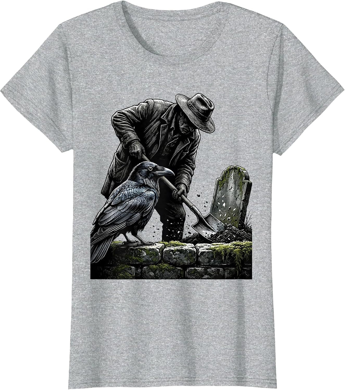 Raven Watches Gravedigger Stone Wall Gothic Art T-Shirt - Heather Grey