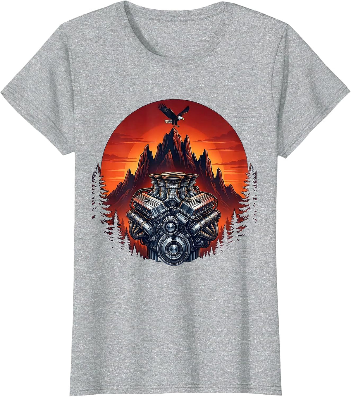 Hot Rod Engine Exposed Pistons American Muscle Art T-Shirt - Heather Grey