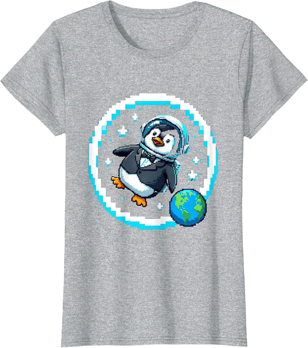 Penguin Astronaut Floating in Outer Space T-Shirt - Heather Grey