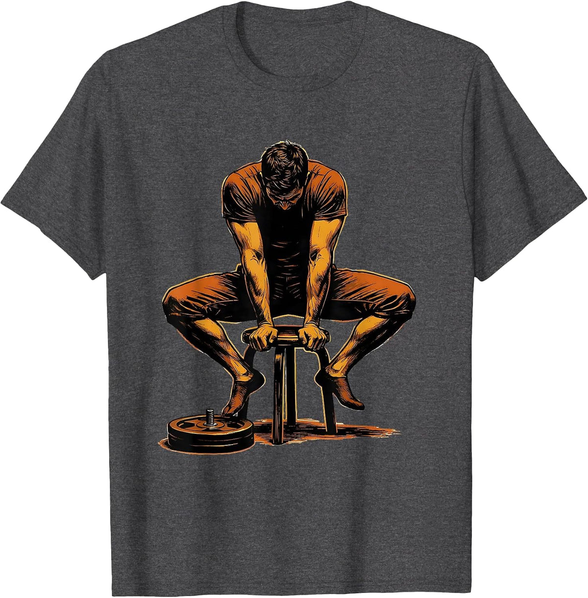 Men's Low Stomp Weight Plate Gym Humor Fitness T-Shirt - Dark Heather Grey