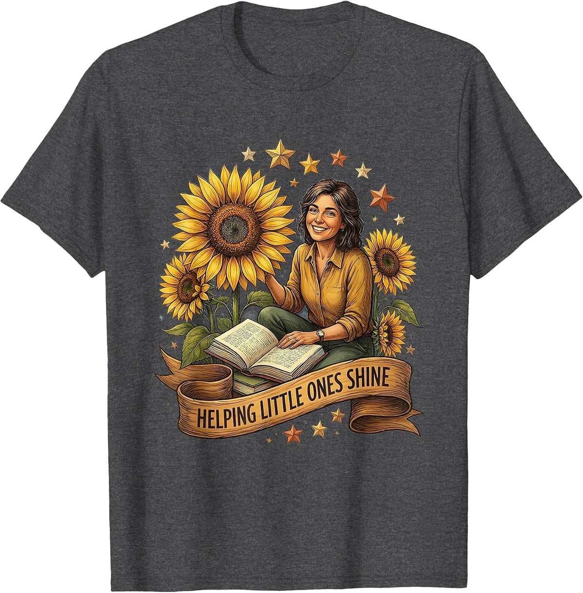 Helping Little Ones Shine Elementary Teacher Design T-Shirt - Dark Heather Grey