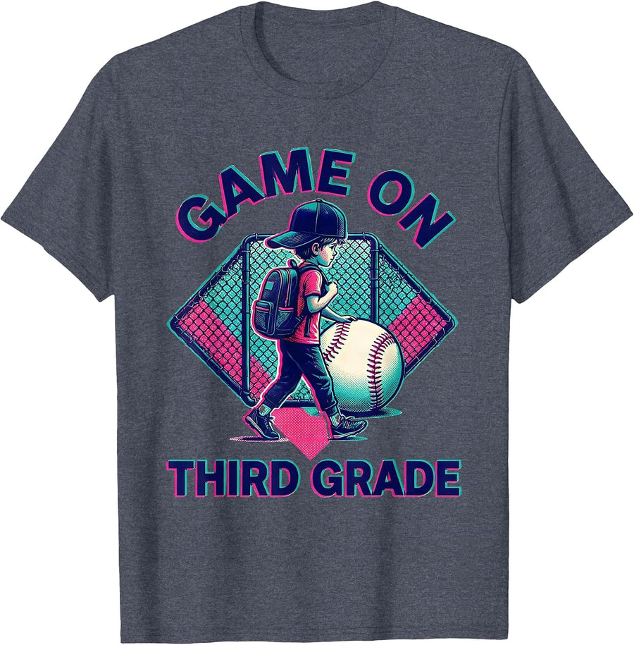 Game On Third Grade Risograph Back To School Baseball T-Shirt - Heather Blue