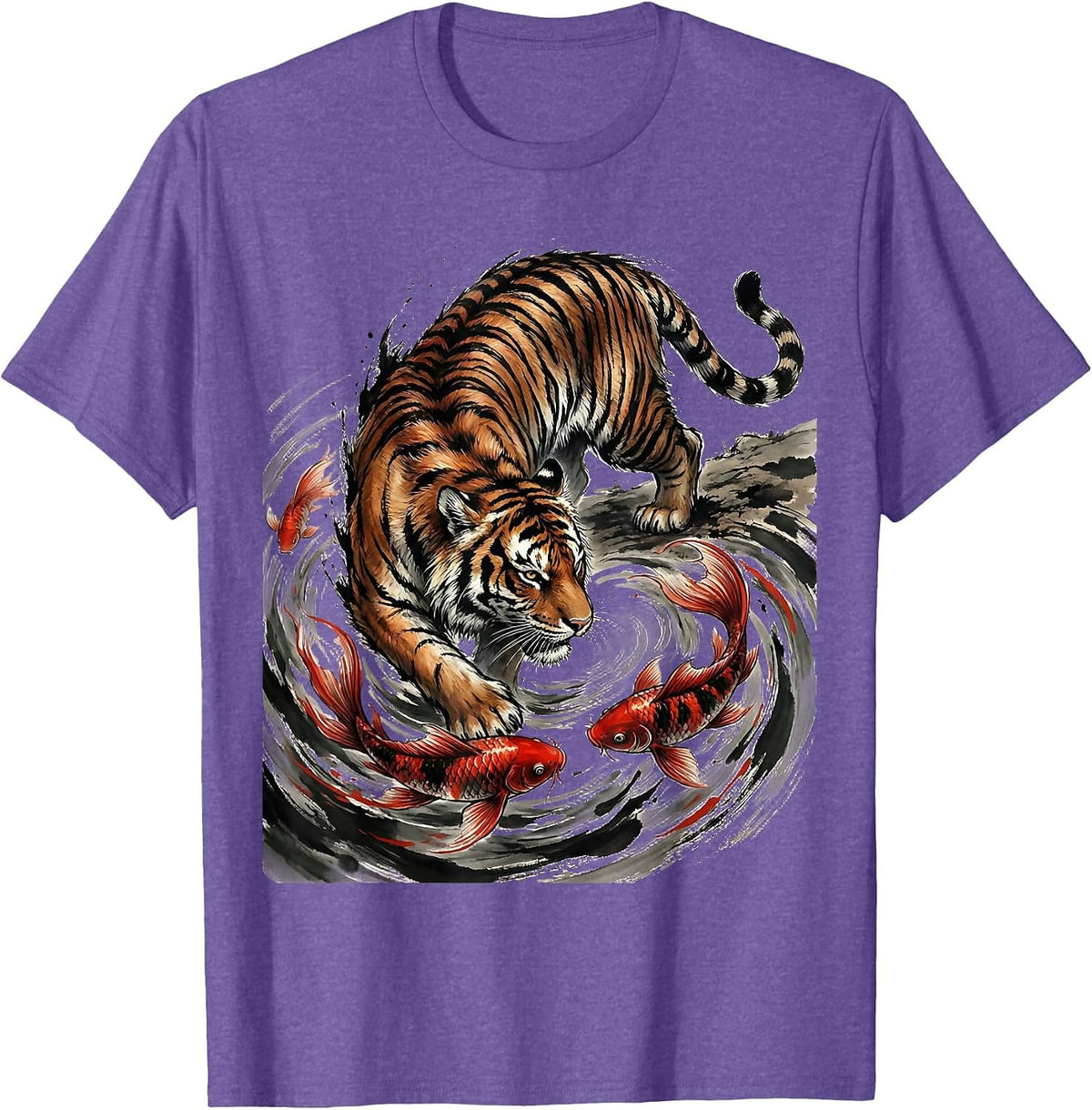 Men's Tiger and Koi Fish Swirling Pattern Graphic T-Shirt - Purple Heather