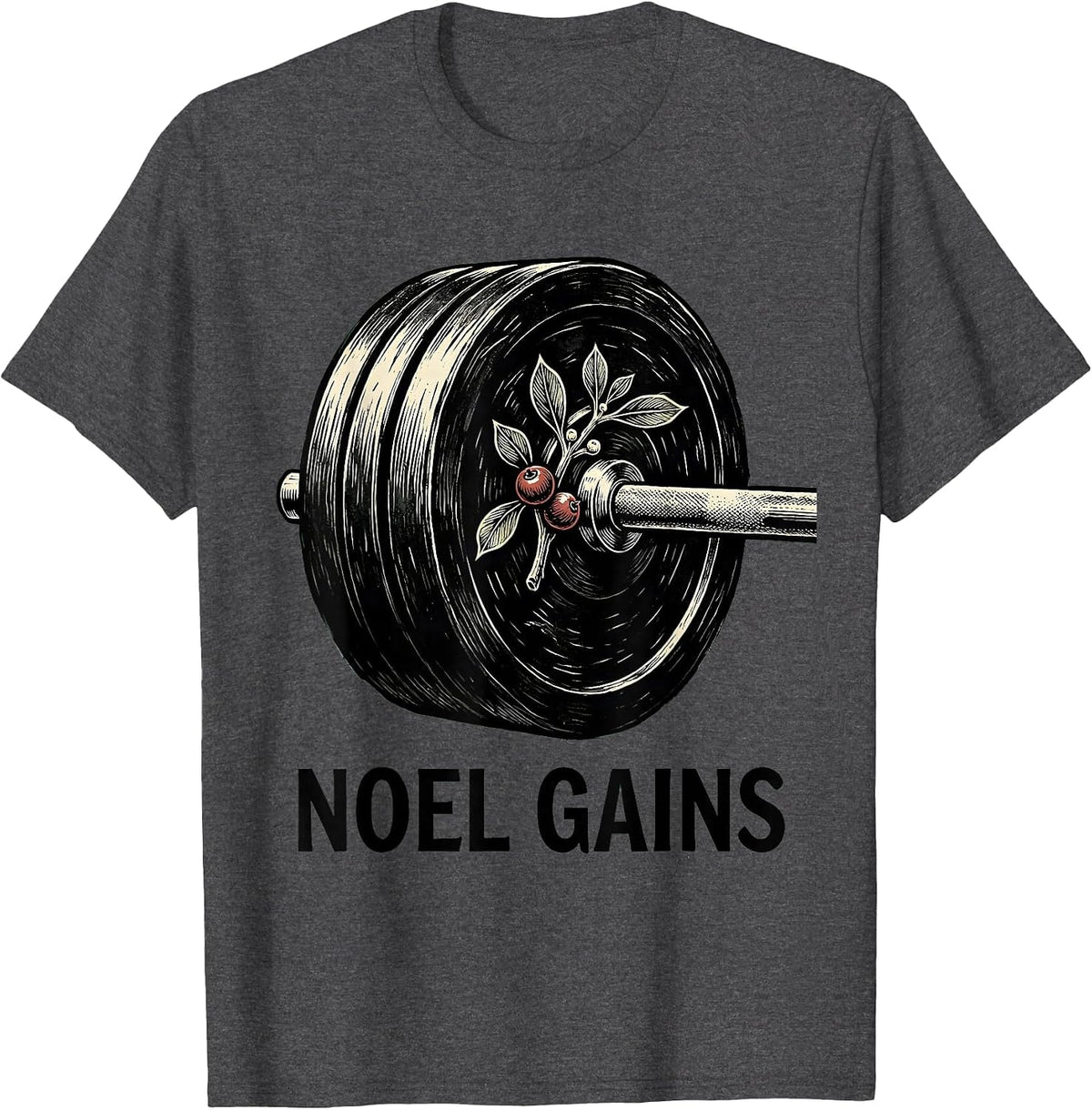 Men's Noel Gains Linocut Funny Christmas Weightlifting Gym Workout T-Shirt - Dark Heather Grey