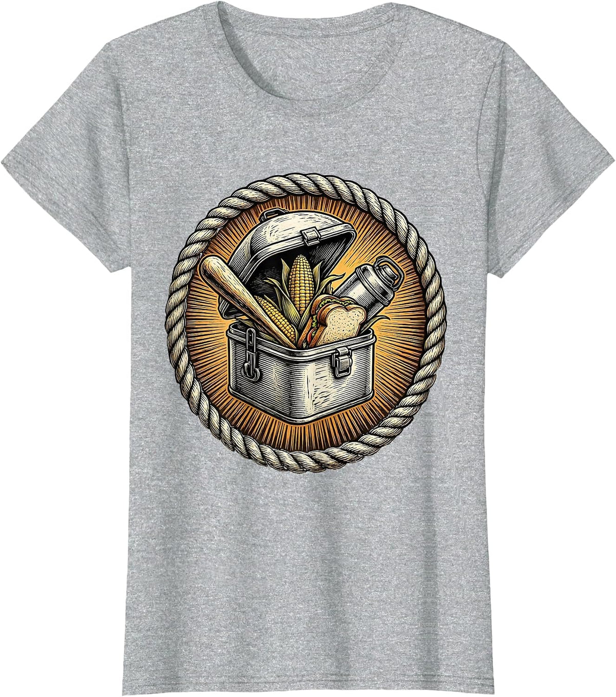 Women's Labor Day Vintage Lunchbox Overflowing Food Graphic T-Shirt - Heather Grey