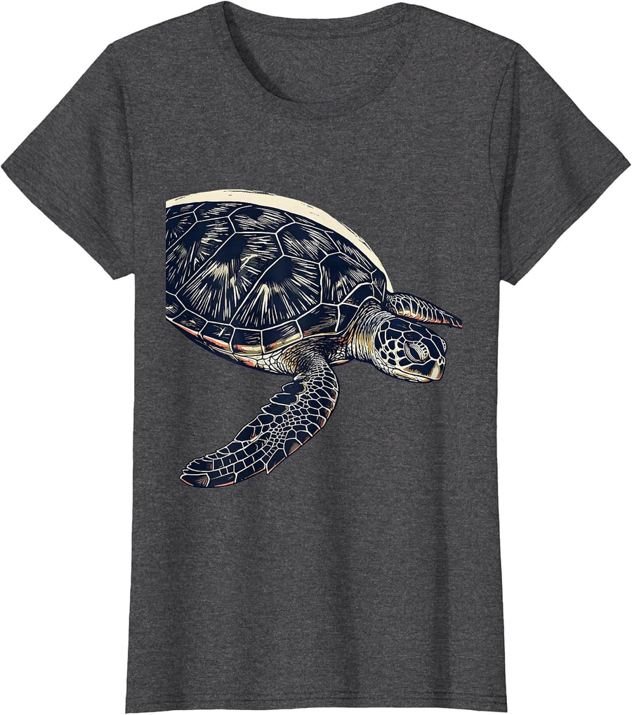 Women's Sea Turtle Linocut Ocean Animal Lover Artwork T-Shirt - Dark Heather Grey