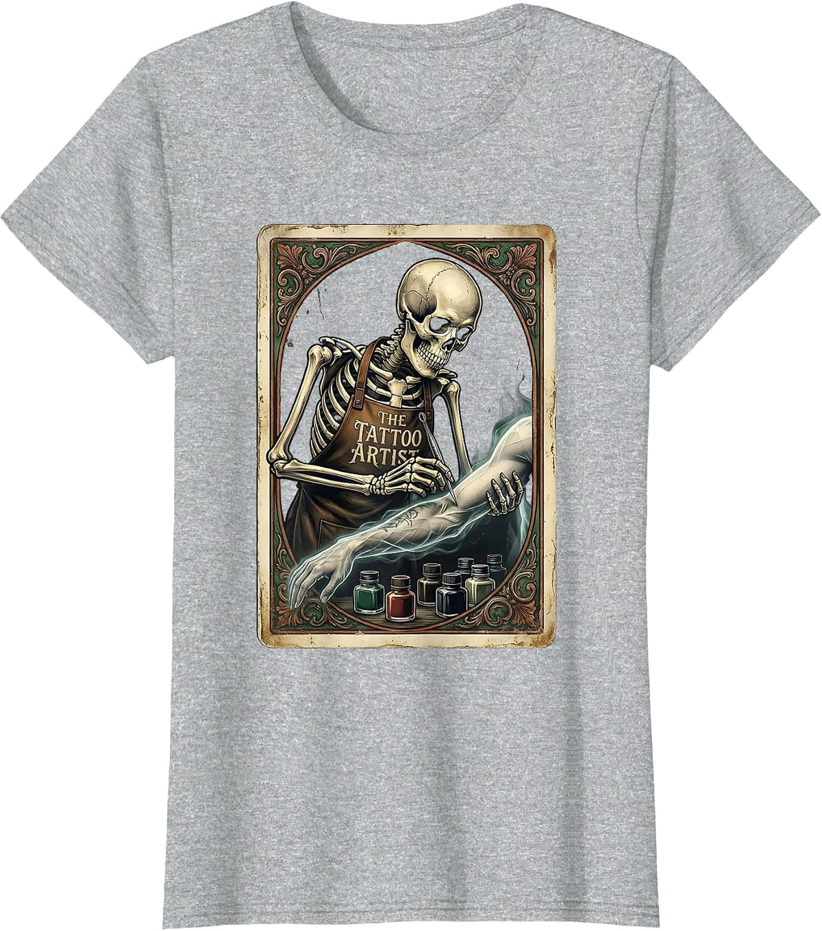 Women's The Tattoo Artist Vintage Tarot Card Skeleton Gothic Humor T-Shirt - Heather Grey