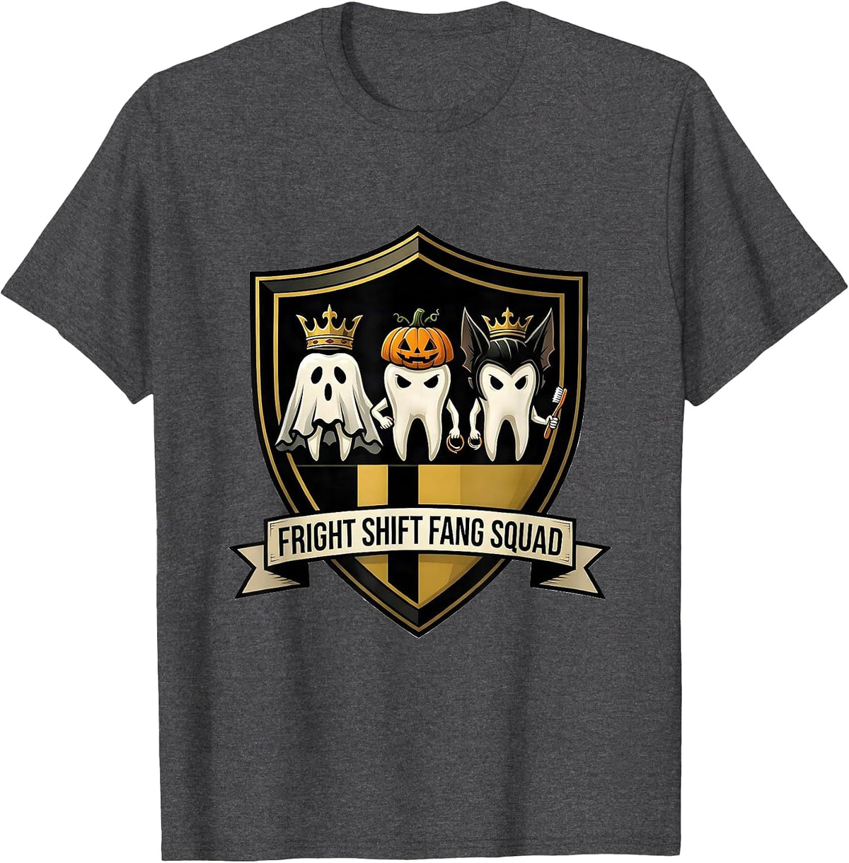 Fright Shift Fang Squad Dental Hygienist Funny Dentist T-Shirt - Dark Heather Grey
