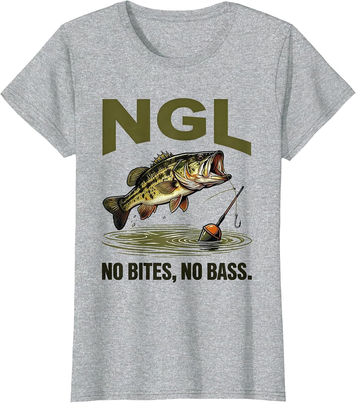NGL No Bites, No Bass Funny Freshwater Bass Fishing Humor T-Shirt - Heather Grey