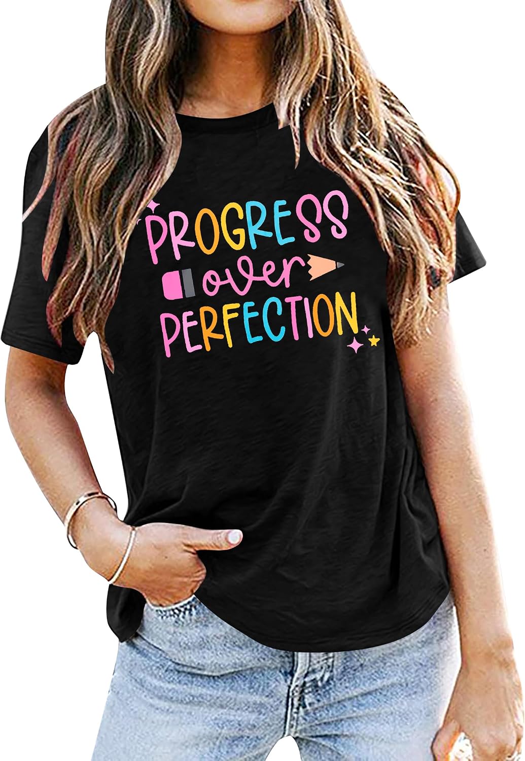 Teacher Shirt Women First Day of School Shirts Progress Over Perfection Tee Casual Teacher Life Short Sleeve T-Shirt - Black