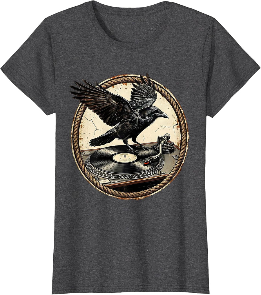 Women's Raven on Vintage Turntable Rock Music Graphic T-Shirt - Dark Heather Grey