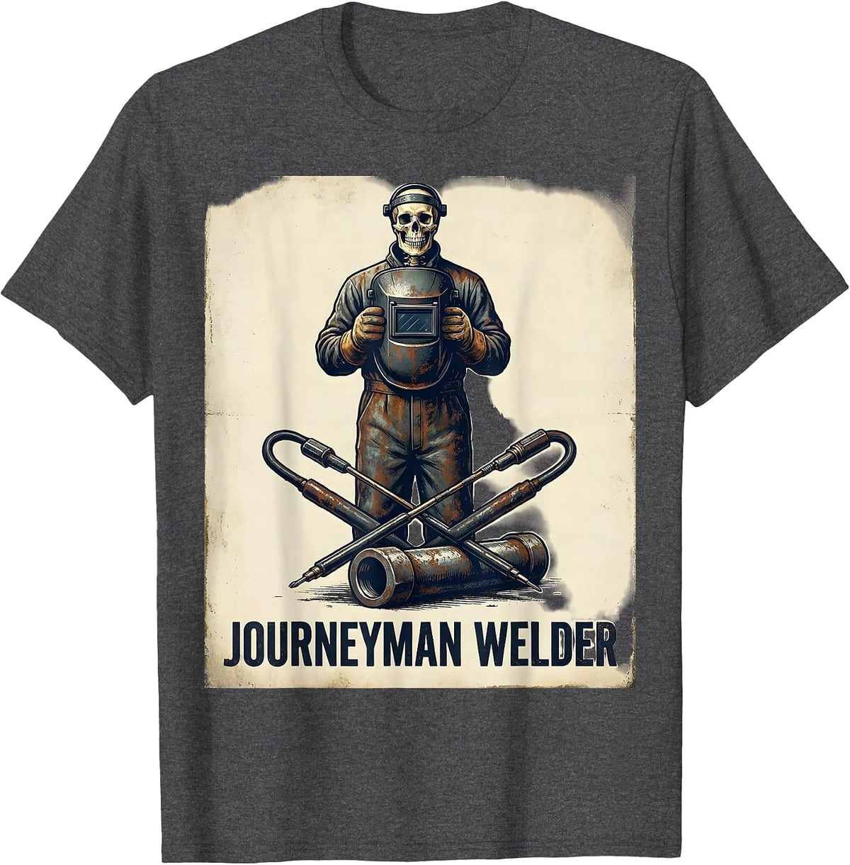 Men's Journeyman Welder Vintage Skeleton Funny Welding Tradesman T-Shirt - Dark Heather Grey