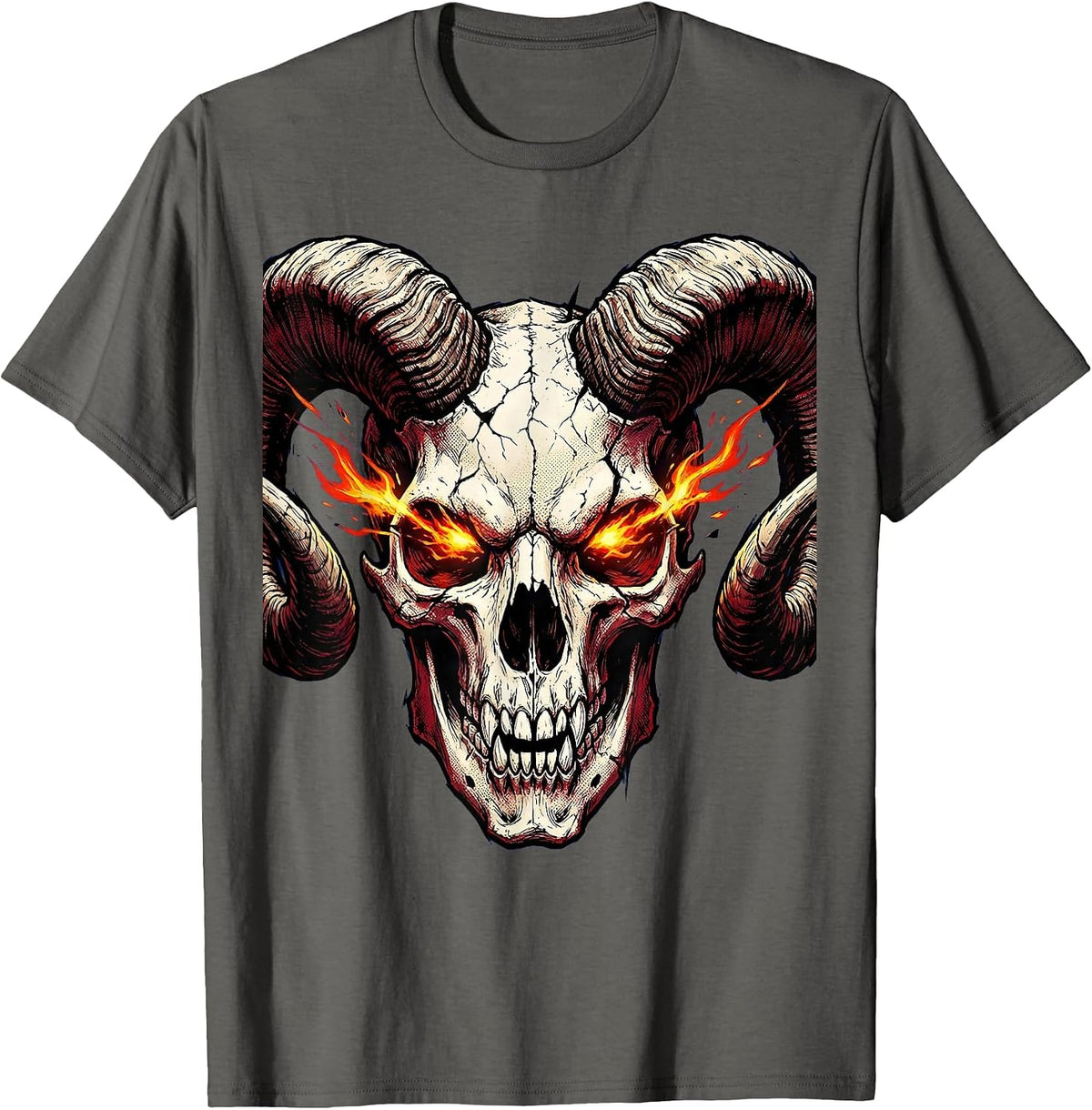 Horned Demon Skull With Burning Eyes Halloween T-Shirt - Asphalt Grey