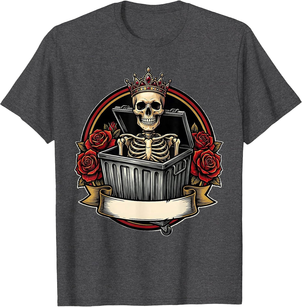 Skull Tiara Dumpster Funny Tattoo Culture Art T-Shirt - Dark Heather Grey