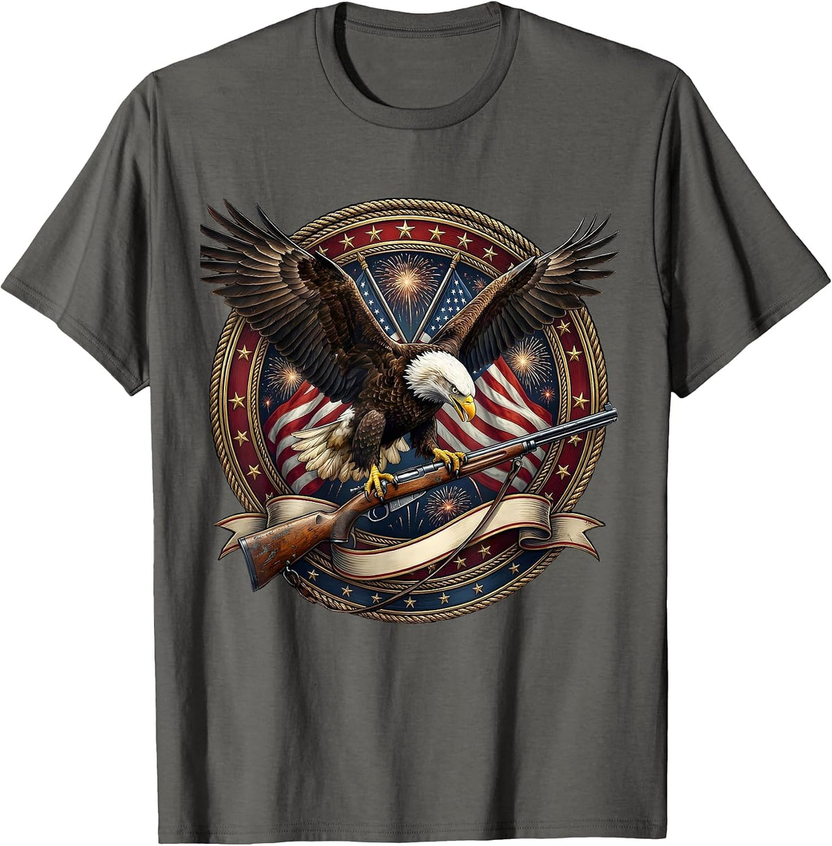 Bald Eagle Perched on Weathered Rifle Patriotic T-Shirt - Asphalt Grey