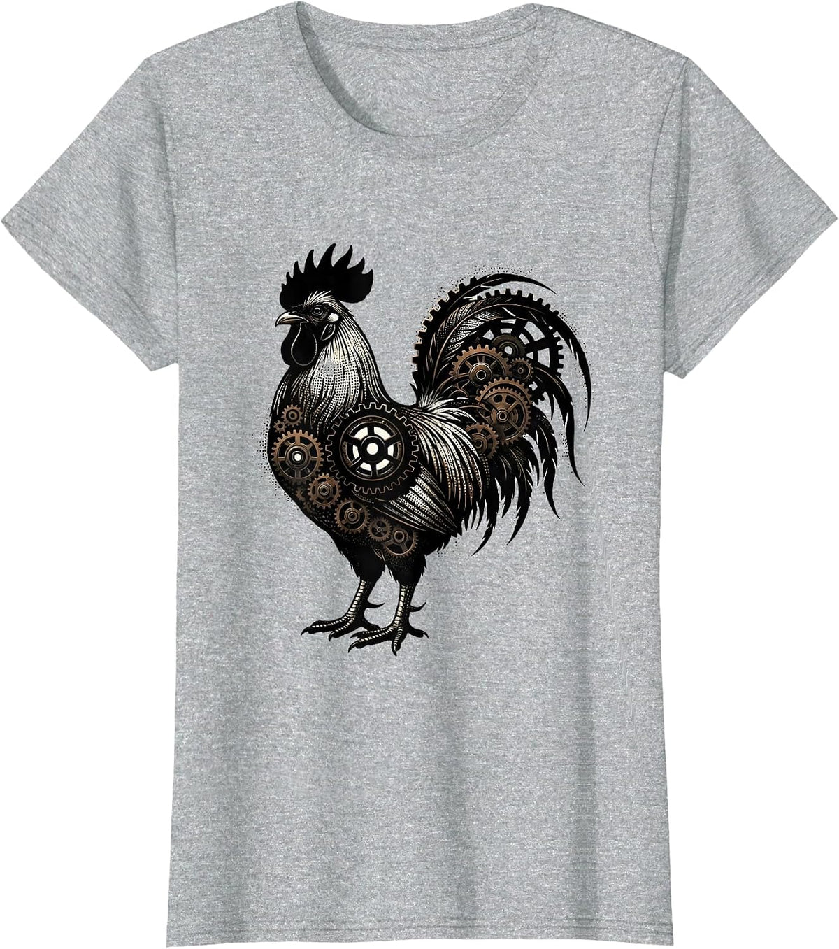 Women's Rooster Gear Illustration Mechanical Art Design T-Shirt - Heather Grey